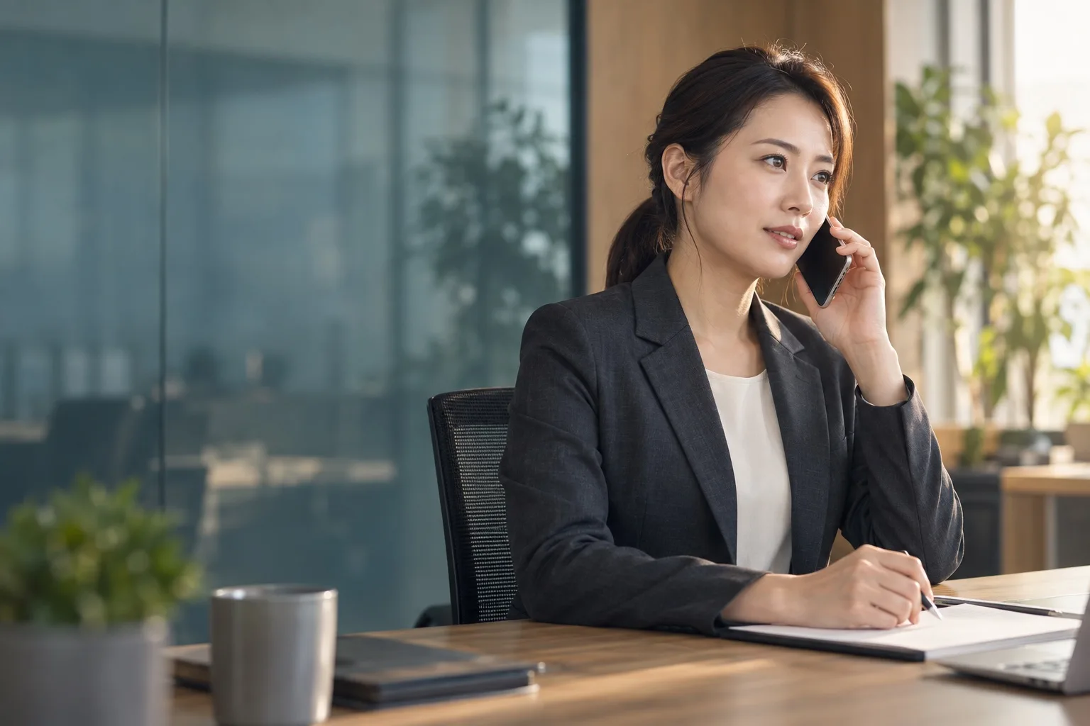 AI との電話練習をイメージした人物画像