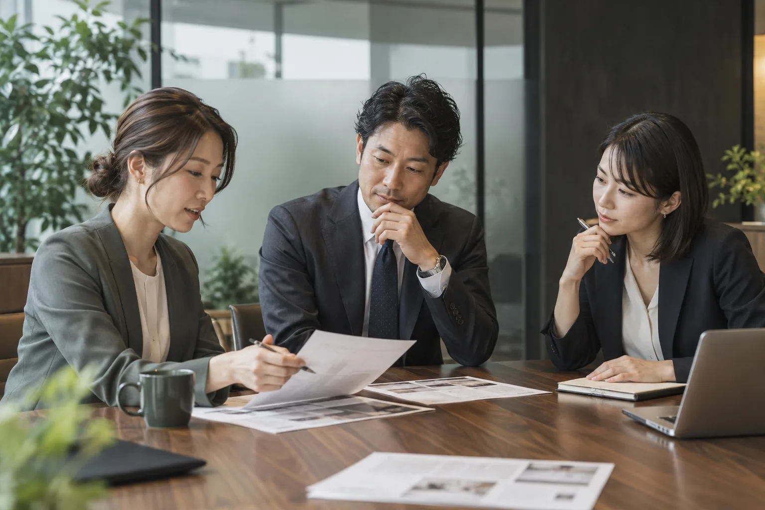 資料を見ながら受け答えを振り返る3人の研修イメージ